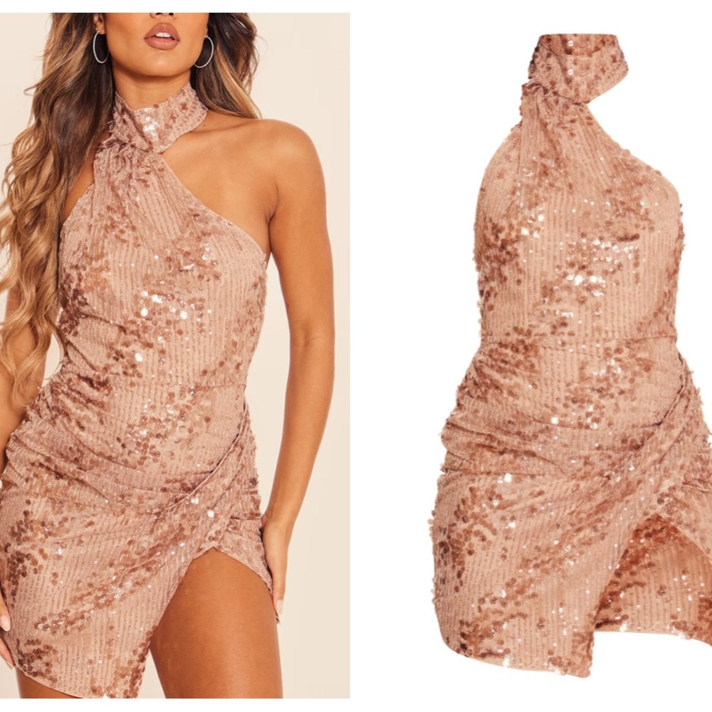 ROSE GOLD SEQUIN HALTERNECK RUCHED DETAIL BODYCON DRESS